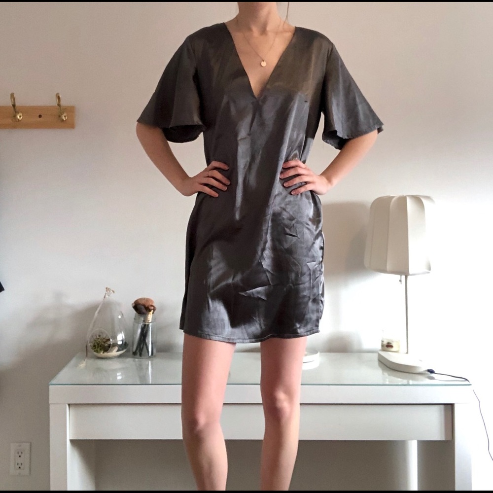 Shiny Silver V Neck T Shirt Dress